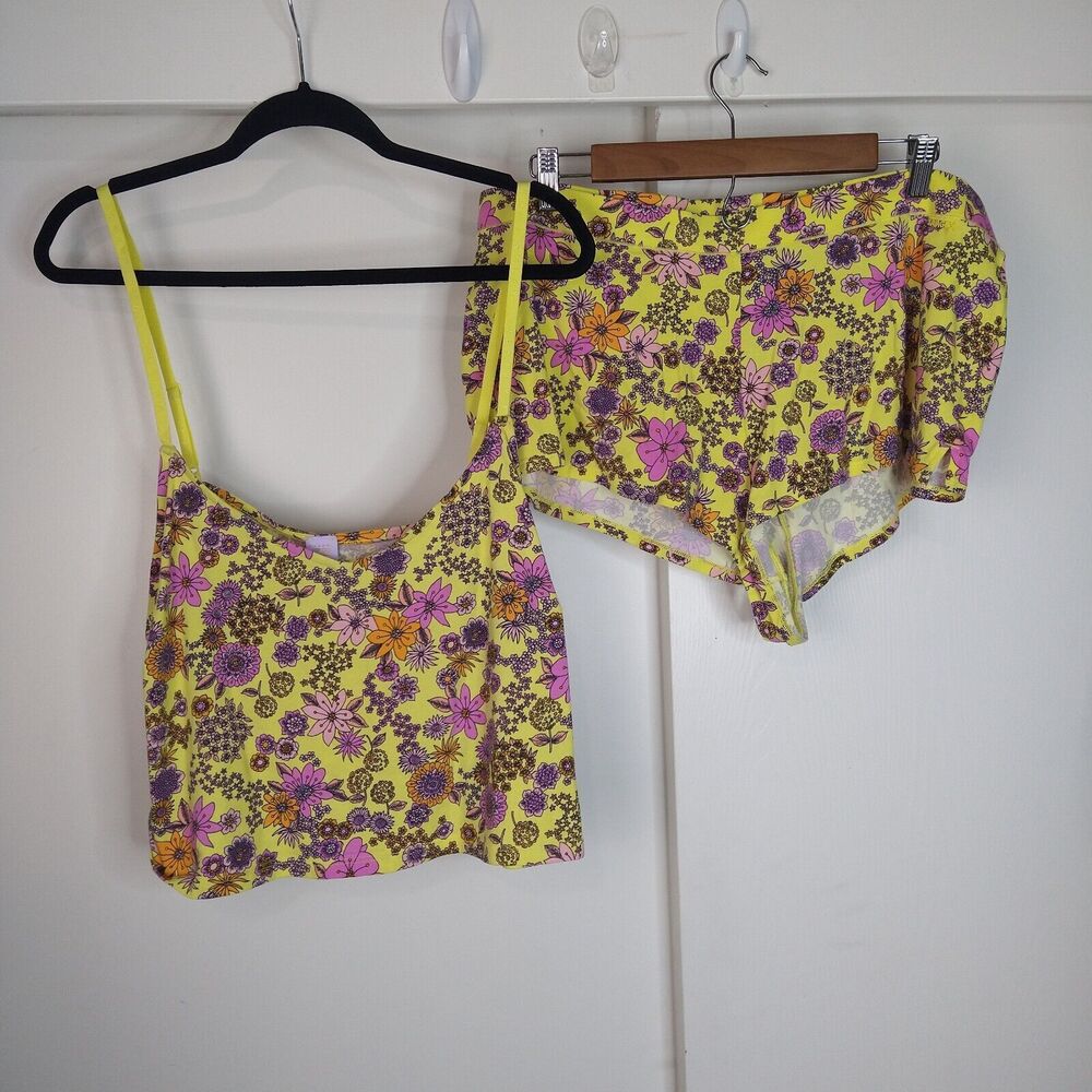 Savage X Fenty Cotton Essentials Floral Cami Set Plus Sz Top 2X Shorts 1X Yellow